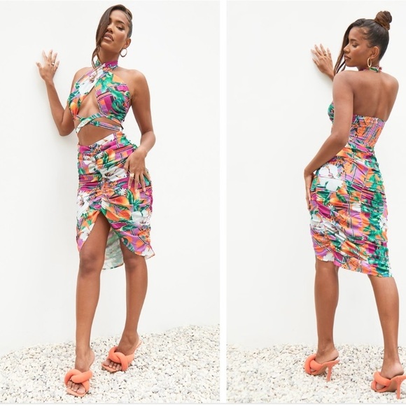 Pretty Little Thing milti floral print cross halterneck ruched midi dress size 2 - Picture 1 of 5